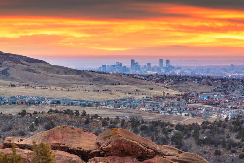 Sunset view of Downtown Denver, Colorado, USA From Red Rocks